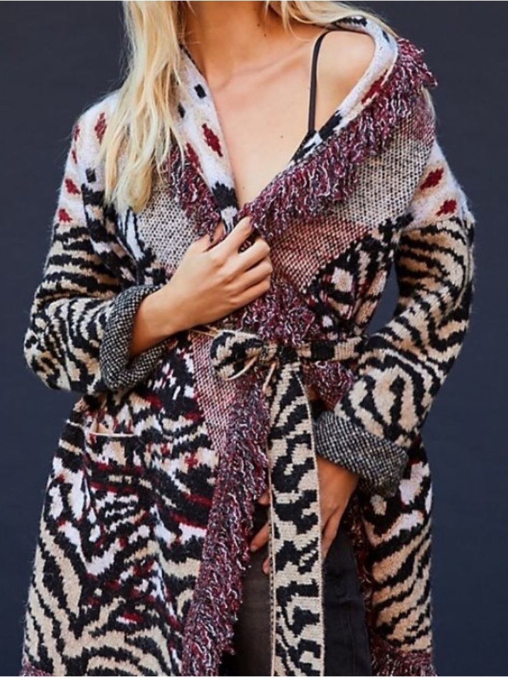 Anthropologie Burgundy Multi Fringe Open-Front Cardigan
